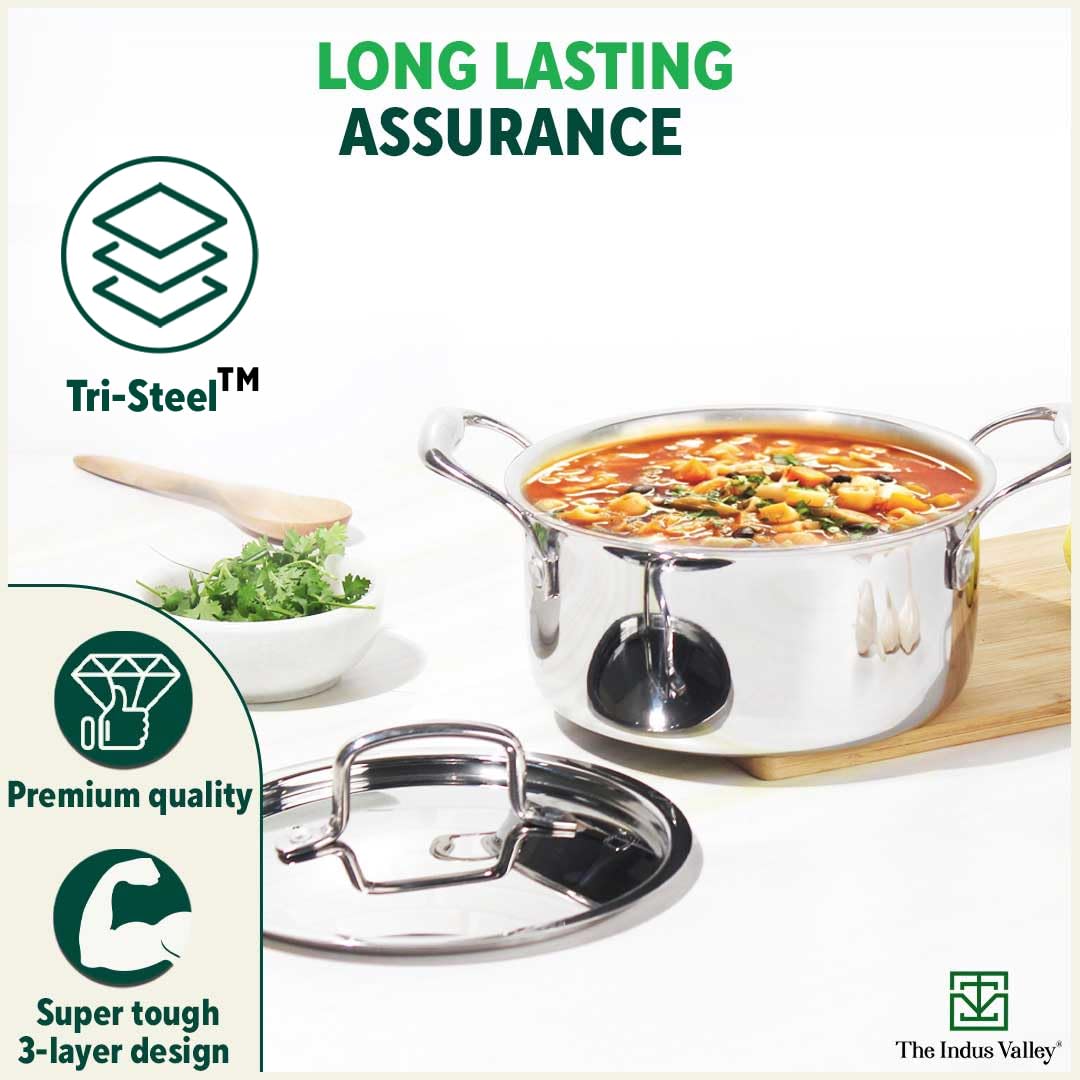 Triply Stainless Steel Stock Pot Or Casserole With Steel Lid | Very Small, 20cm, 7.8 Inch, 2.1 Liters, 1.3 Kg - Induction Friendly, Nonstick 3-Layer Body, 100% Pure & Toxin-Free