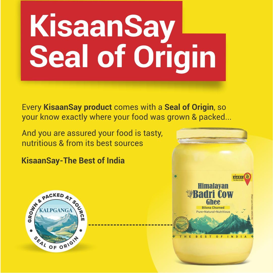 Pure Himalayan Badri A2 Cow Ghee By Kisaansay | Traditionally Bilona Churned Pure Desi Ghee Perfect For Bakes Cookies | (500ml) 16.9 Ounce | Jar Pack