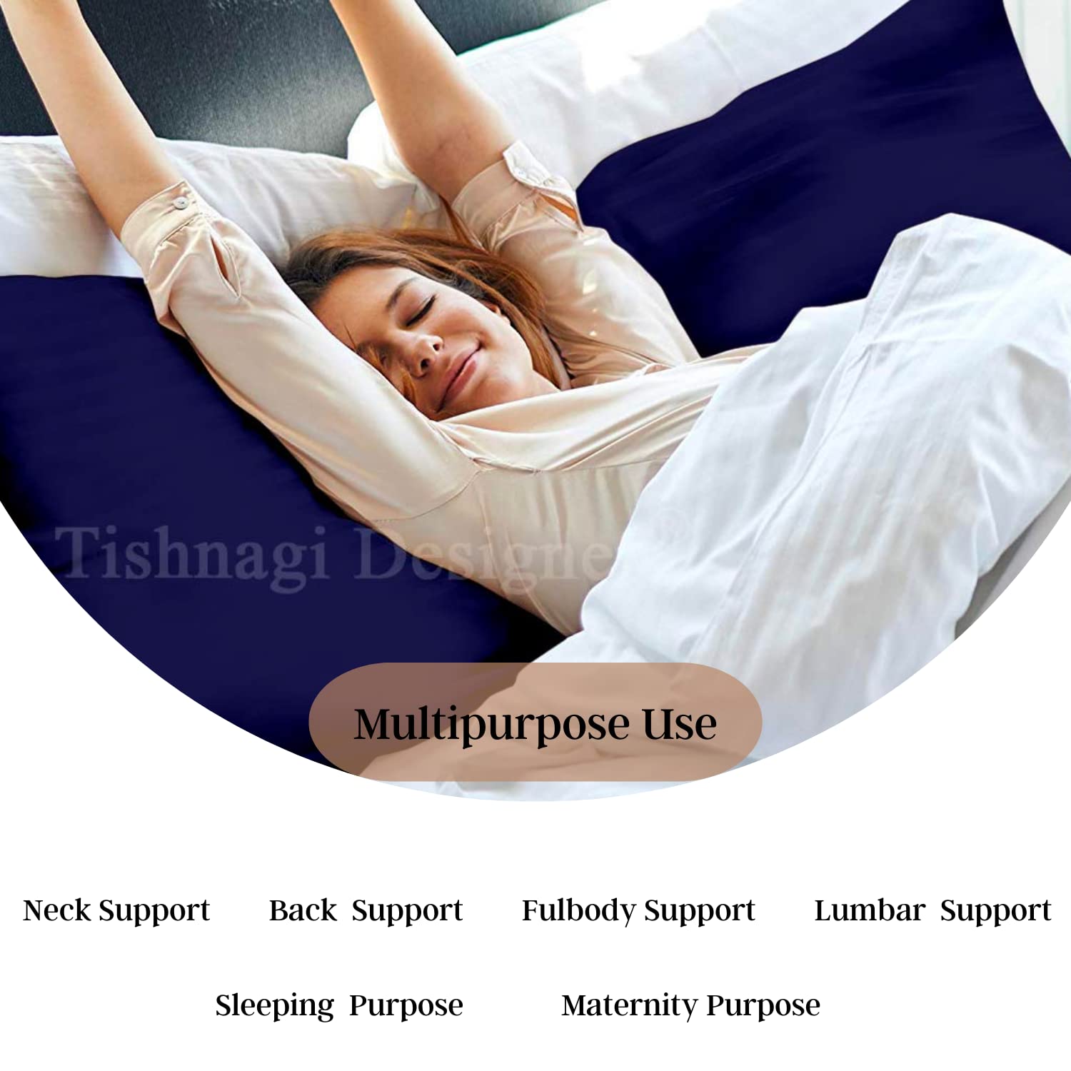 Microfiber Filling Body Pillow With Removable Soft Cotton Cover, Navy Blue - 18 X 54 Inch | Pillow For Pregnancy Leg Hips Back Support, Adjustable, Multipurpose Maternity Pillow - Pack Of 1