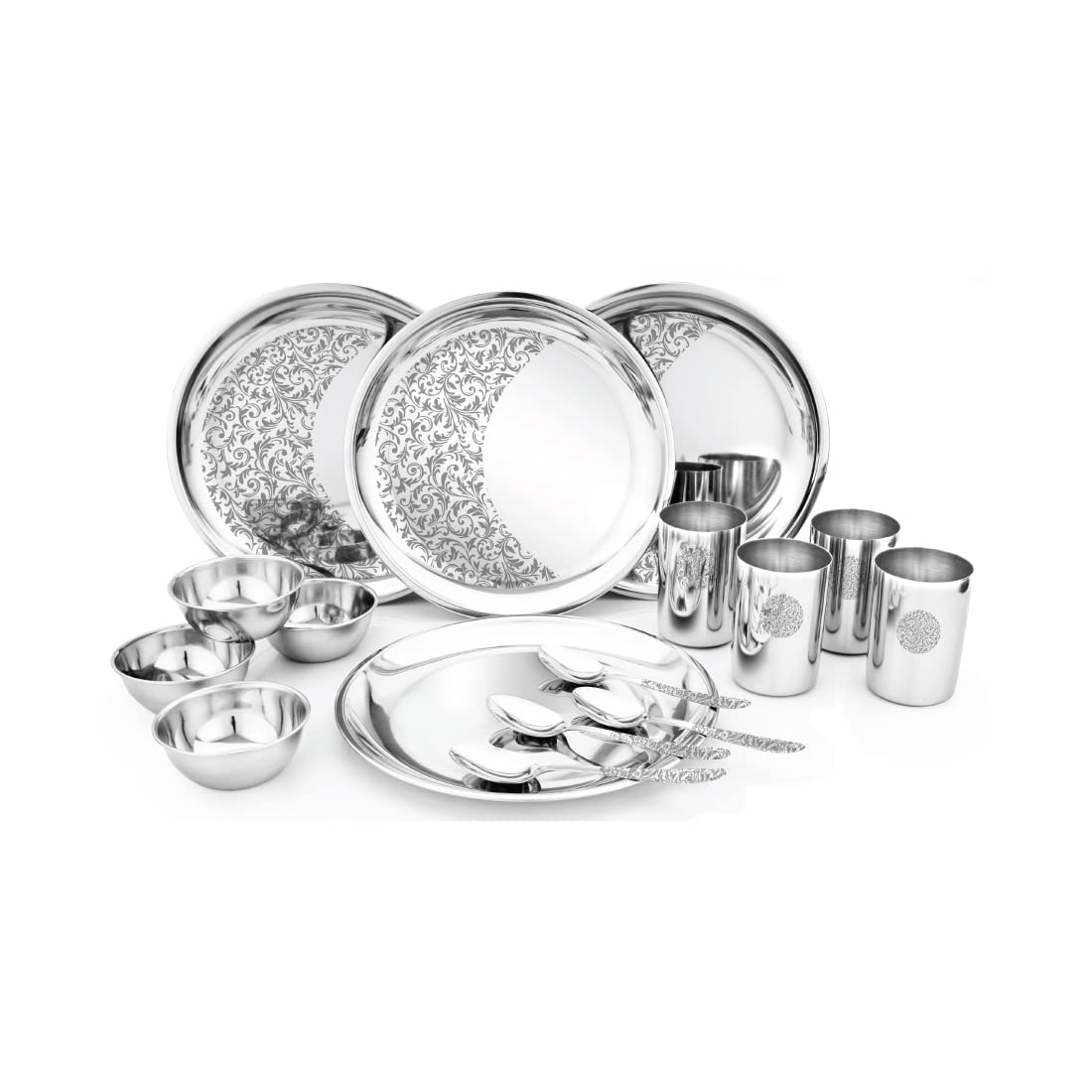Designer Stainless Steel Delight Laser Bloom Dinner Set Of 16 Pieces, Silver | 4 Dinner Plates+ 4 Glasses+ 4 Bowls+ 4 Dessert Spoons