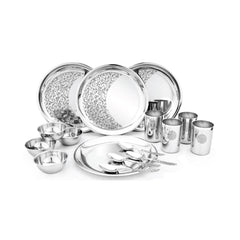 Designer Stainless Steel Delight Laser Bloom Dinner Set Of 16 Pieces, Silver | 4 Dinner Plates+ 4 Glasses+ 4 Bowls+ 4 Dessert Spoons