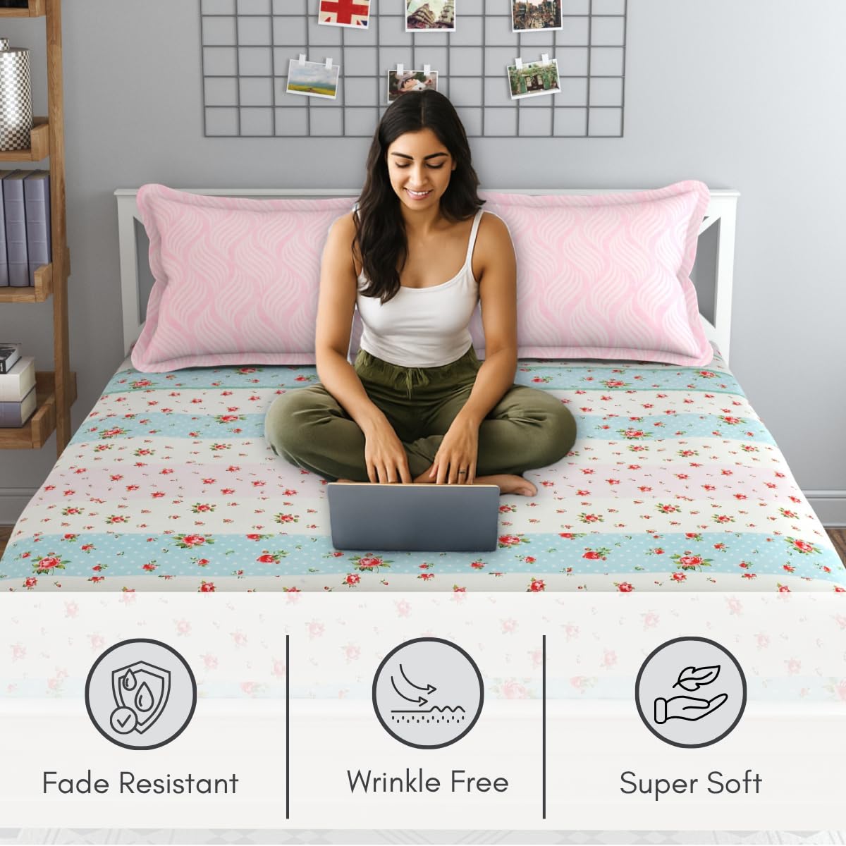 Includes 1 Queen Size Bedsheet With 2 Matching Pillow Covers - 90 X 100 Inches, Pink & White | Ideal For Modern Indian Bedrooms, Guest Rooms, & Everyday Home Use