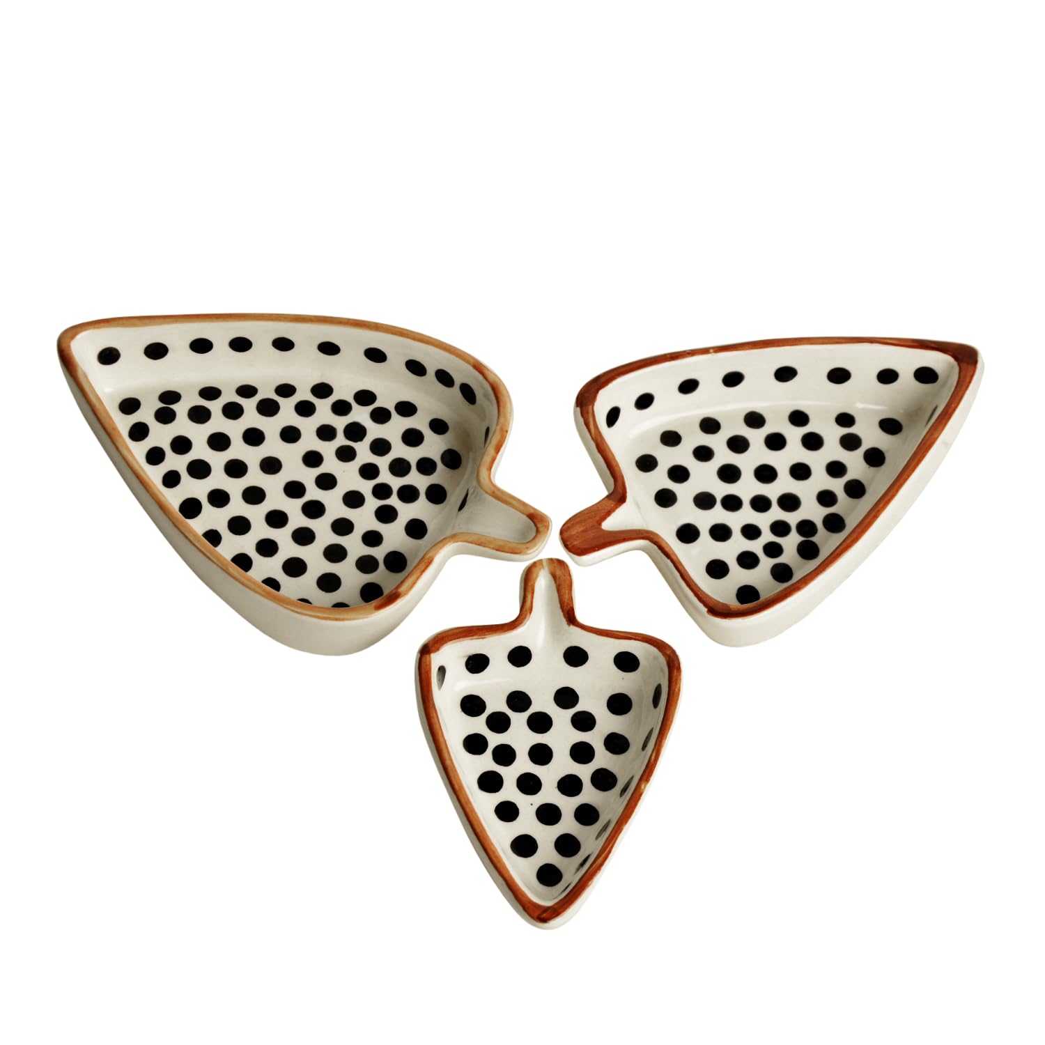 Leaf Shaped Hand Painted Ceramic Glossy Tray - Set Of 3, White, Black Dots | For Serving Cookies, Dry Fruits, Sweets & Snacks, Length – 16 Cm, 15 Cm & 12 Cm | Small Platter Set