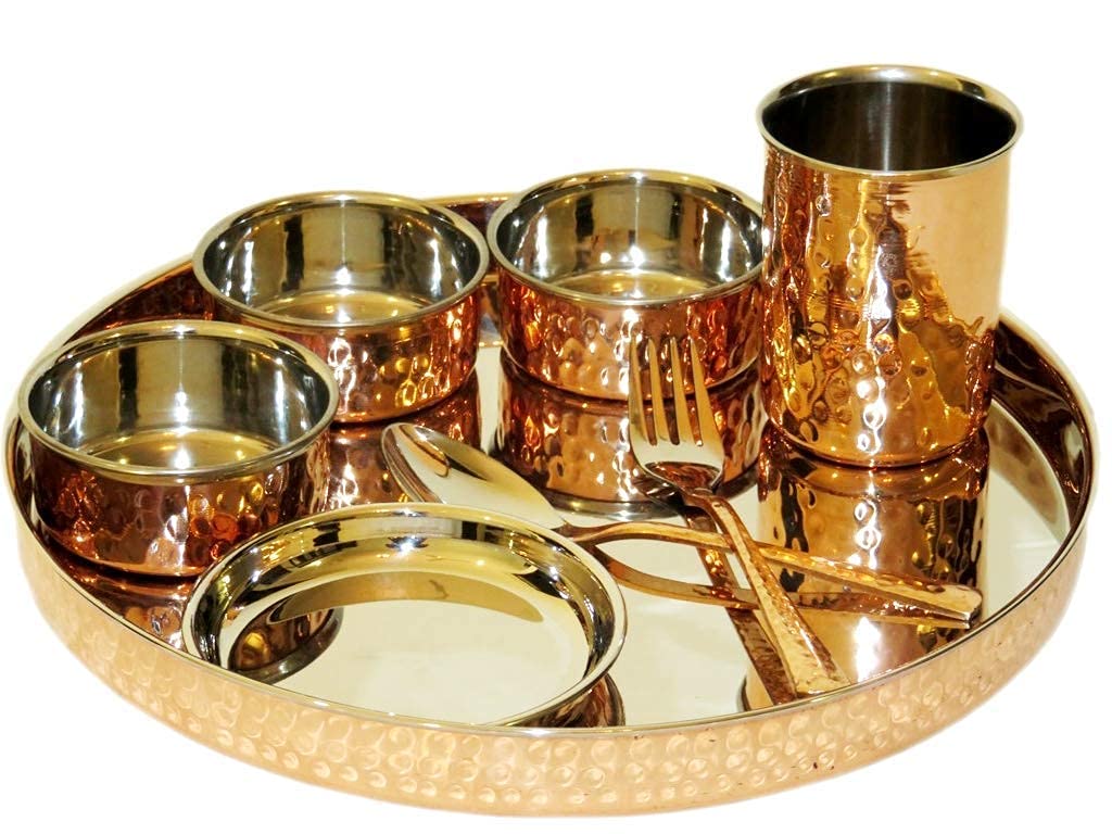 Stainless Steel & Copper Dinner Thali Set - 8 Pieces Golden | 1 Thali+ 3 Bowls+ 1 Pudding Bowl+ 1 Spoon+ 1 Fork Spoon+ 1 Glass