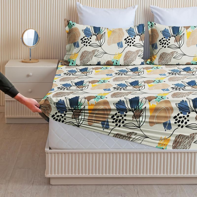 Cotton Fitted Bedsheets With 2 Matching Pillow Covers For King Bed | Size 78x72+10 Inches, Cream & Beige - Soft, Durable & Wrinkle Free | Ideal For Daily Use