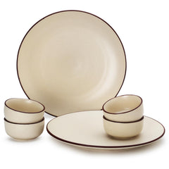 Hand Painted Ceramic Stoneware Dinner Set - Pack Of 6 Pcs, Off-White | 2 Dinner Plates, 10.6 Inch Each + 4 Small Dinner Bowl, 170ml Each - Microwave & Dishwasher Safe