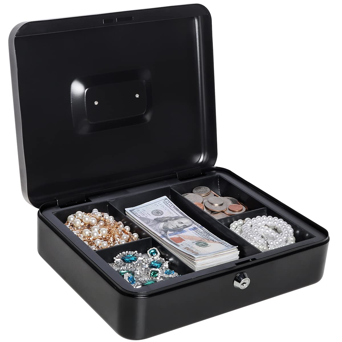 Metal Cash Box With Money Tray & Key Lock, Money Box For Cash Saving, 11.8"X 9.5"X 3.5", Large, Colour - Black, Special Feature - Portable