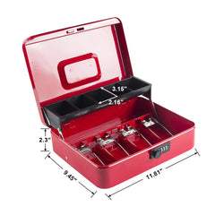 Money Box With Combination Lock, Metal Cash Box With Money Tray, Cash Register,5 Compartments Cantilever Tray & 4 Spring Loaded Clips For Bills,11.81"X 9.45"X 3.54" Colour - Red