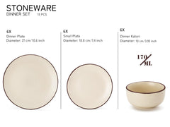 Handcrafted Ceramic Solid Dinner Set Of 18 - Off White | 6 Dinner Plates, 10.6 Inch Each+ 6 Small Plates, 7.4 Inch Each + 6 Small Dinner Bowls, 170ml Each - Microwave & Dishwasher Safe