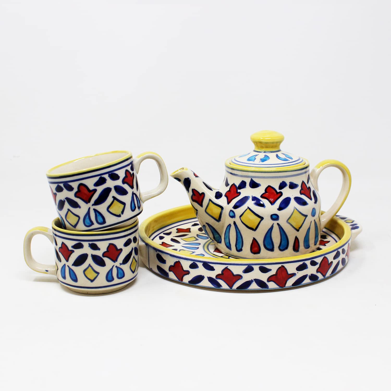 Hand Painted Multicolored Persian Print Tea Set With Kettle | Ceramic Tea Kettle Set With 2 Cups, 150ml Each + 1 Kettle, 400ml + 1 Tray | 4 Pieces - Microwave Safe & Dishwasher Safe