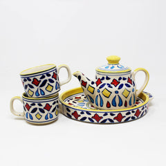 Hand Painted Multicolored Persian Print Tea Set With Kettle | Ceramic Tea Kettle Set With 2 Cups, 150ml Each + 1 Kettle, 400ml + 1 Tray | 4 Pieces - Microwave Safe & Dishwasher Safe