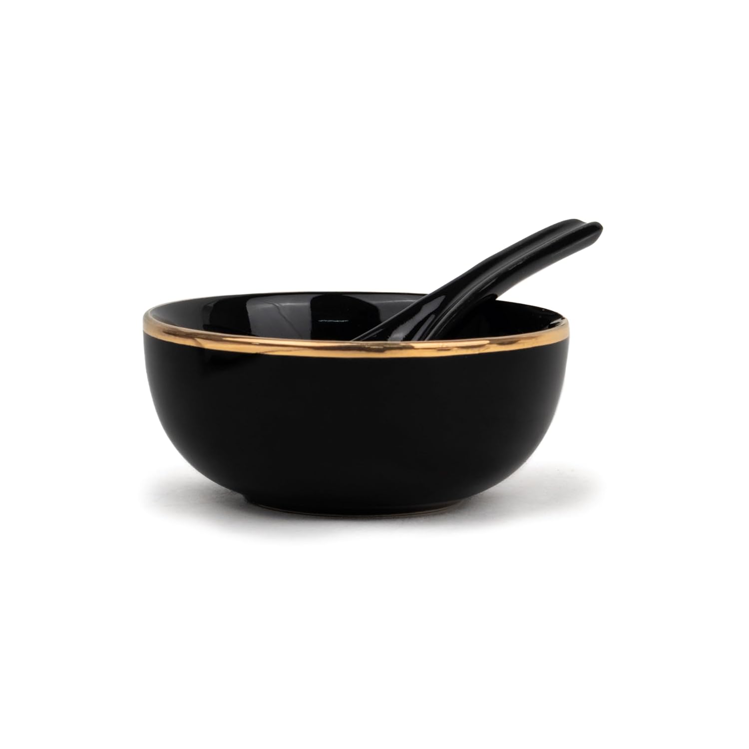 Ceramic Soup Bowl Set With Spoons - 300ml Each, Black Gold | 6 Pieces Soup Bowls + 6 Spoons | Glossy Finish - Premium Stoneware Ceramic Soup Bowls With Spoons | Soup Bowl Set Of 6
