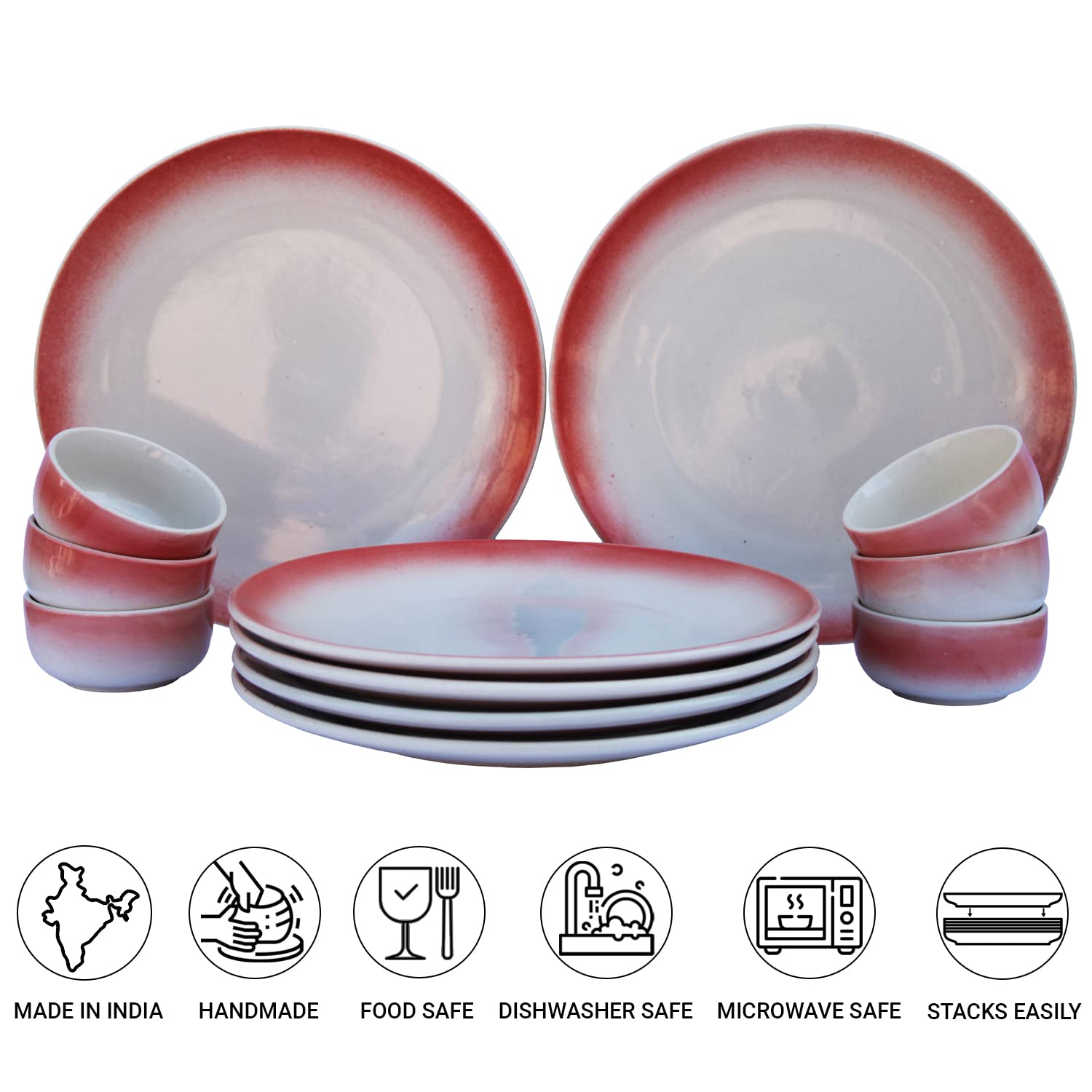 Hand Painted Ceramic Dinner Set Of 12 Pieces Dinnerware Set - Off White & Red | Set Of 6 Dinner Plates + 6 Dinner Katori, 180ml Each - Microwave & Dishwasher Safe