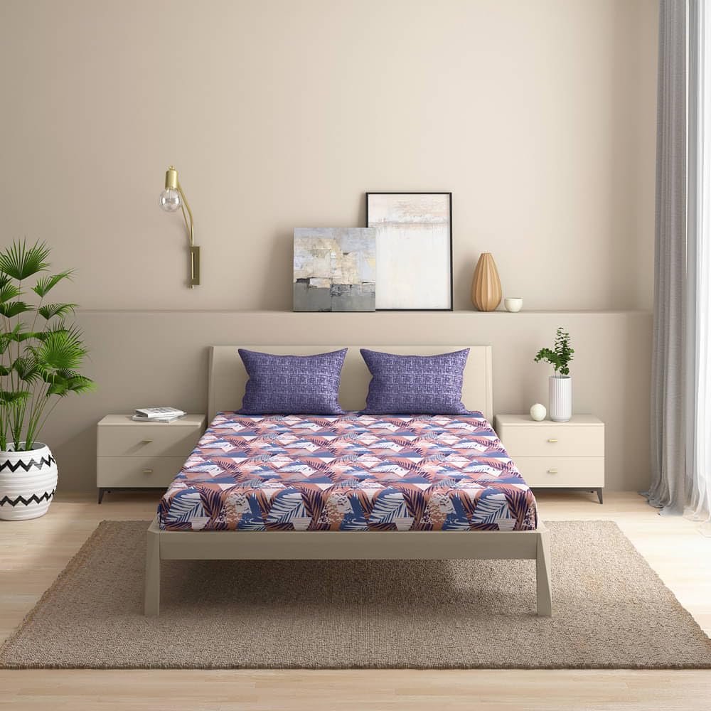 100% Cotton Double Bedsheet For Queen Size With 2 Pillow Covers 72 X 60 Inches, Multicolor | Durable & Long Lasting - All Around Elastic Fitted Sheet