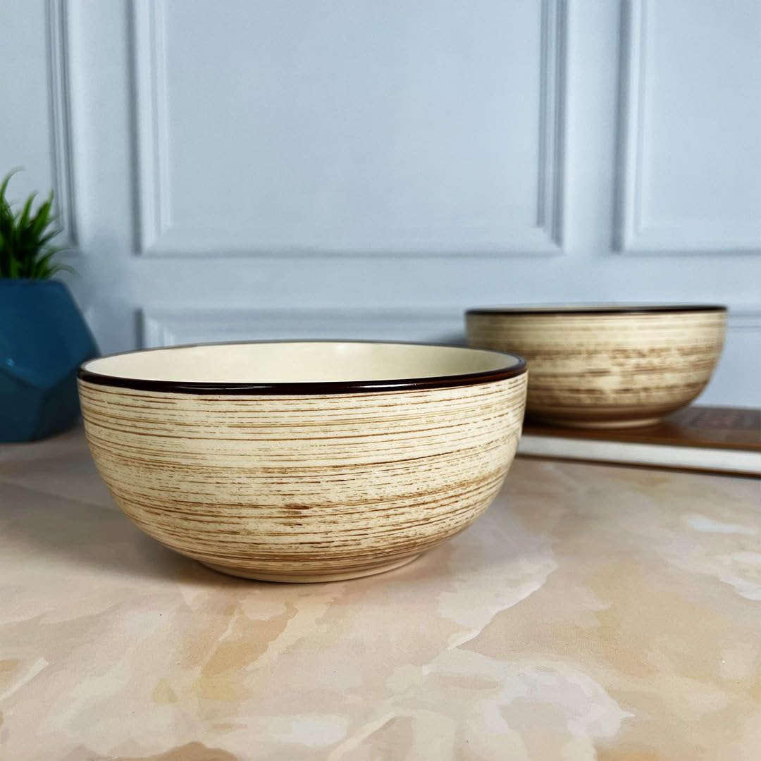 Iris Beige Ceramic Serving Bowl Set Of 2 Pieces, 800ml Each | Hand Painted Large Dining Serving Bowls For Serving - Microwave Safe & Dishwasher Safe