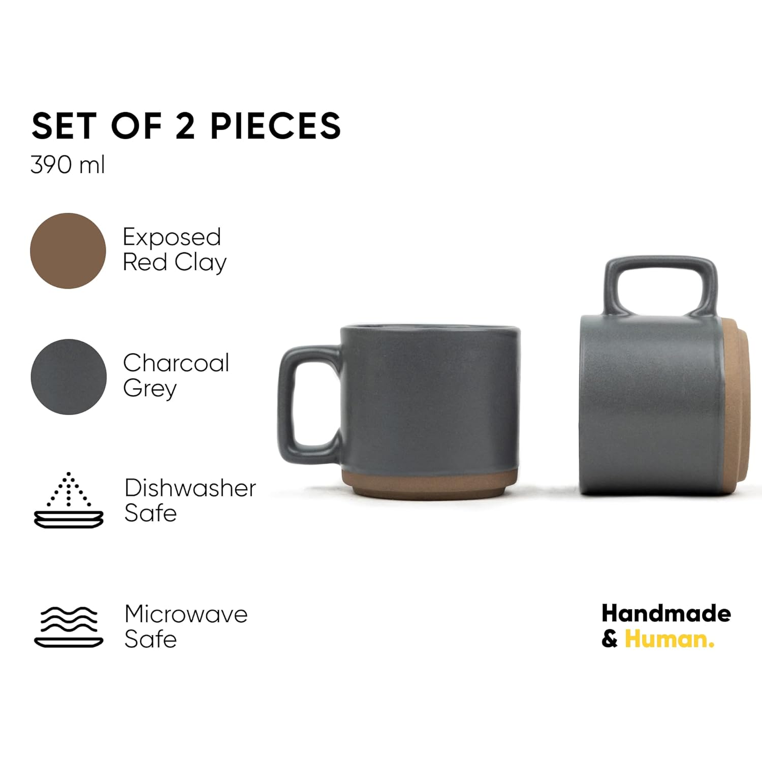 Large Ceramic Coffee Mug Set Of 2 - Grey, 350ml Each | Ceramic Japandi Mug, Tea Mug With Matte Finish - Mug For Coffee | Ceramic Coffee Mug - Microwave Safe & Dishwasher Safe