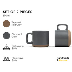 Large Ceramic Coffee Mug Set Of 2 - Grey, 350ml Each | Ceramic Japandi Mug, Tea Mug With Matte Finish - Mug For Coffee | Ceramic Coffee Mug - Microwave Safe & Dishwasher Safe