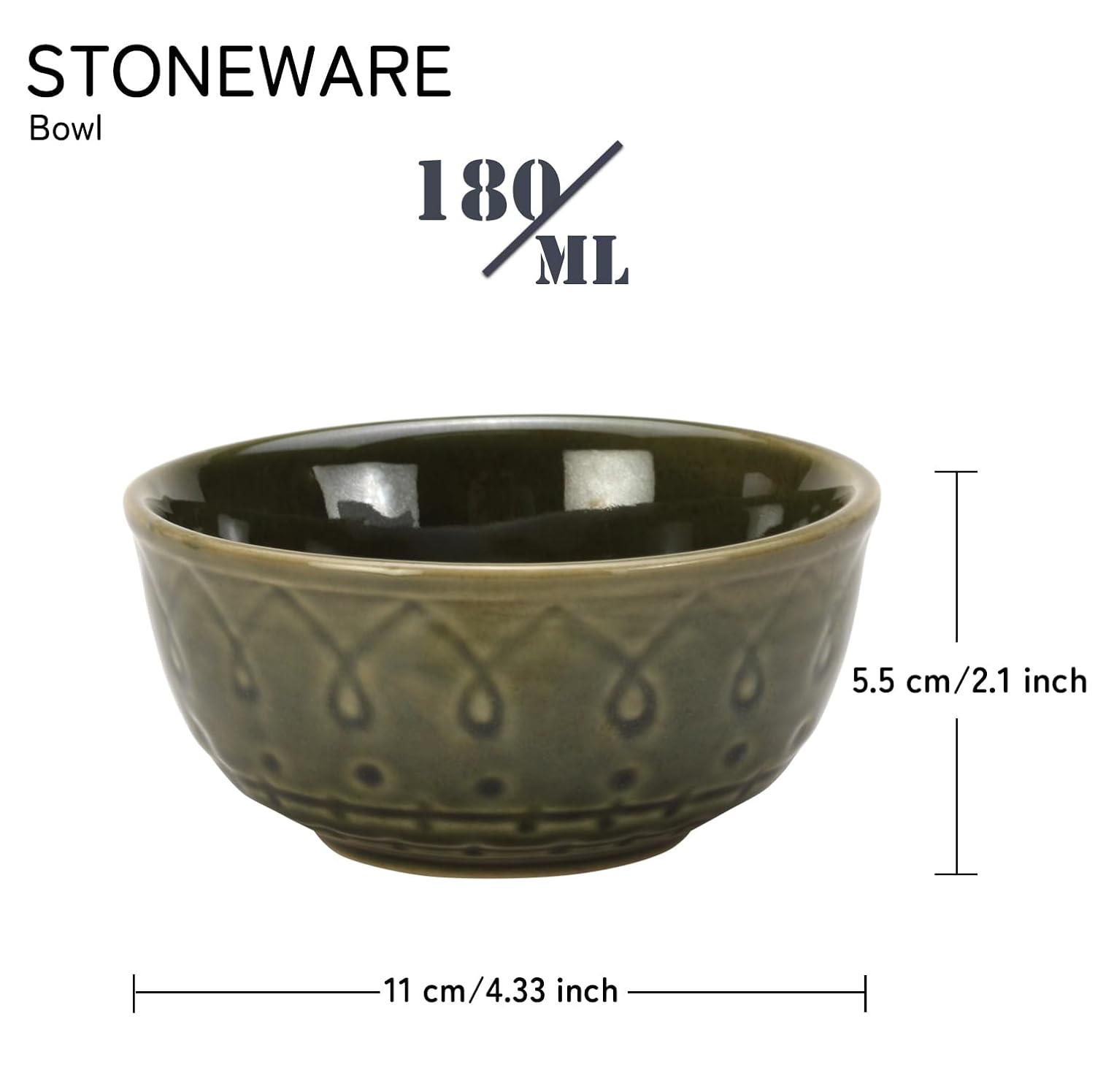 Ceramic Hand Glazed Stoneware Embossed Dinner Katori Set Of 4 - 180ml Each, Moss Green | Microwave Safe & Dishwasher Safe - Small Serving Bowl Set