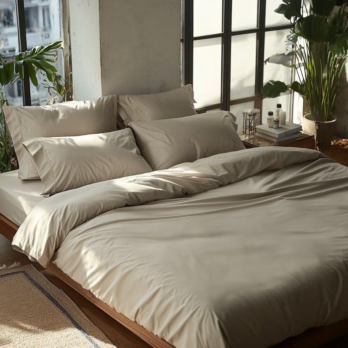 Double Bedsheets For King Size With Pillowcases - 108 X 108 Inches, Warm Taupe | Soft Breathable Bamboo Fabric - Bedroom Decor Comfortable Bedsheets