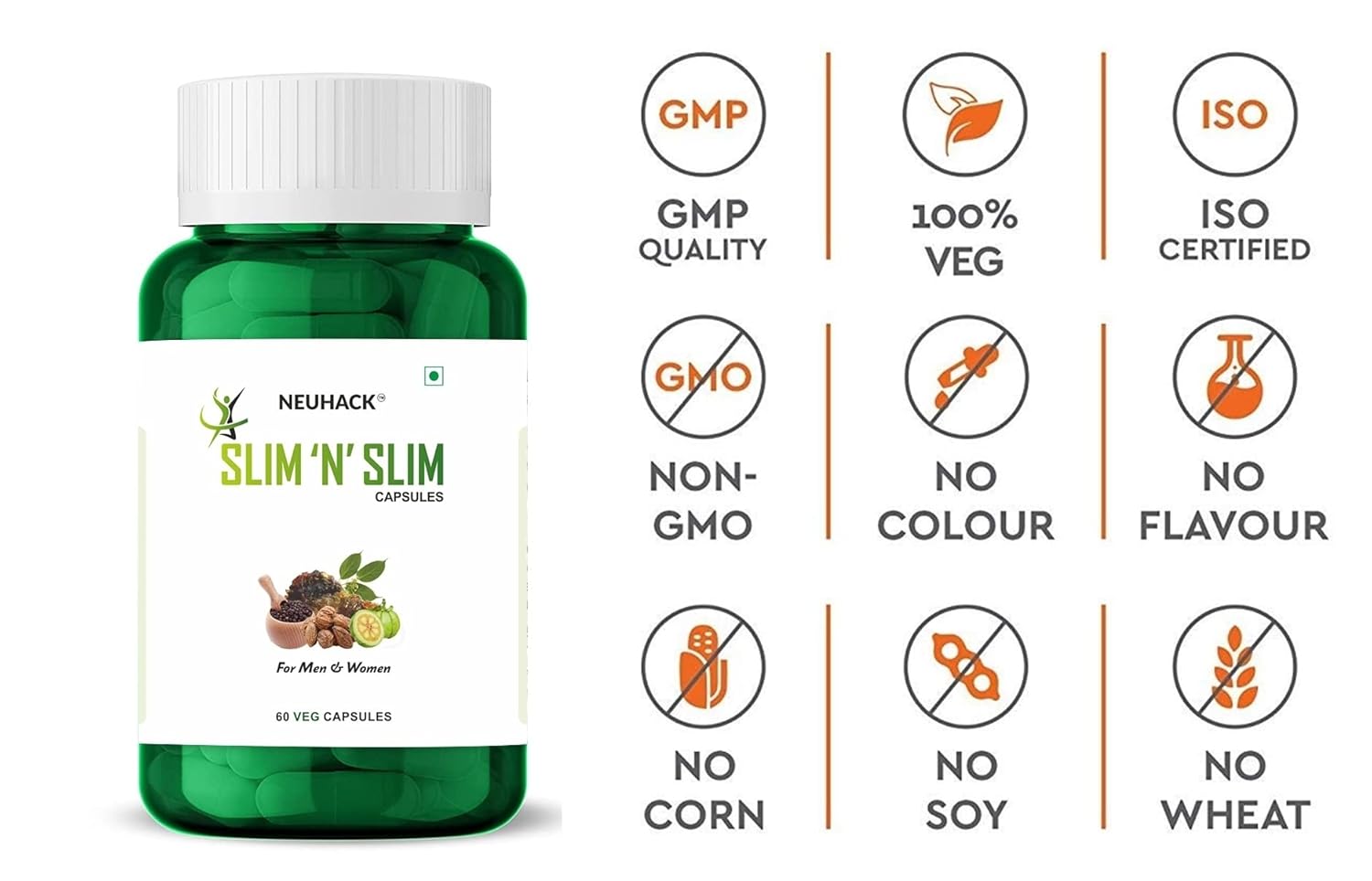 Neuhack Slim N Slim Weight & Fat Management Ayurvedic Veg Capsules With Garcinia Combogia, Pure Plant-based, Natural Being Gelatin - Free & Cruelty - Free | 60 Capsules 100gm 0.2lbs