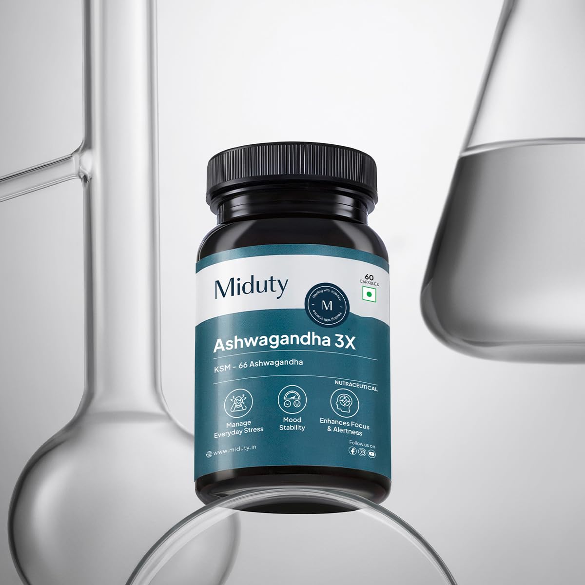 Miduty Palak Notes Ashwagandha 3x, 500 Mg Supplement Ksm 66 Ashwagandha, Triple Strength Formula, For Mood Stability, Focus, Strength & Stress | 60 Veg Capsules 100gm 0.2lbs
