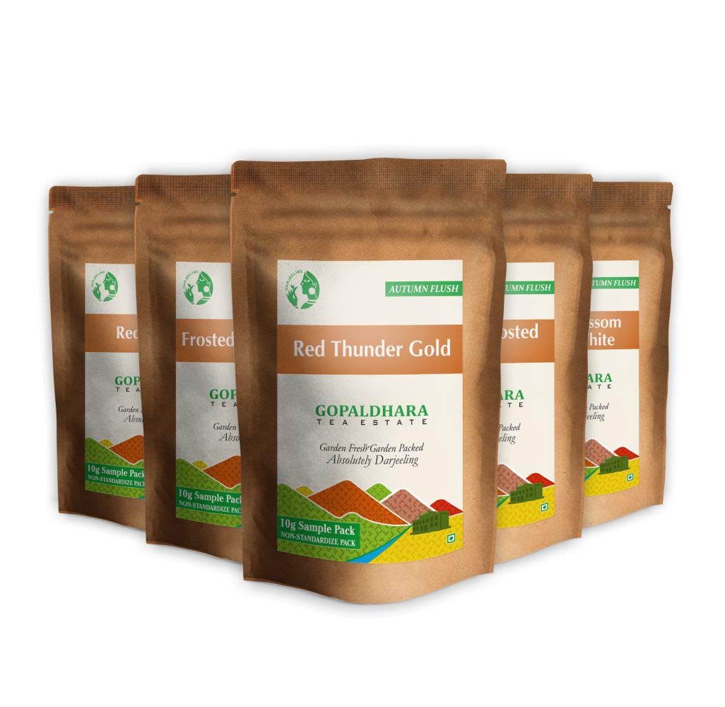 Gopaldhara Darjeeling Frosted Autumn Flush Tea Sample Pouches - Pack Of 5 Teas X 10gm, 0.35 Ounce Each | Autumn Flush Low Caffeine Loose Leaves