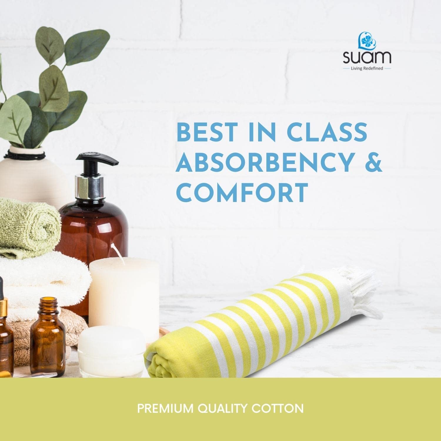 Suam Suntails Luxury Pure Cotton Towels 400 Gsm | Absorbent, Quick Dry Super Soft Ideal For Bath, Beach, Swimming & Travel | Standard Size (Yellow & Lite Blue), 250 Tc