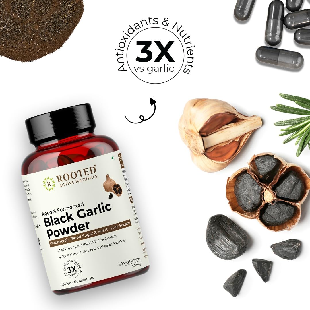 Rooted Actives Natural Garlic Capsules Aged & Fermented Black Garlic Capsules Rooted, Significantly Increases Its Beneficial Compounds | 60 Capsules 100gm 0.2lbs