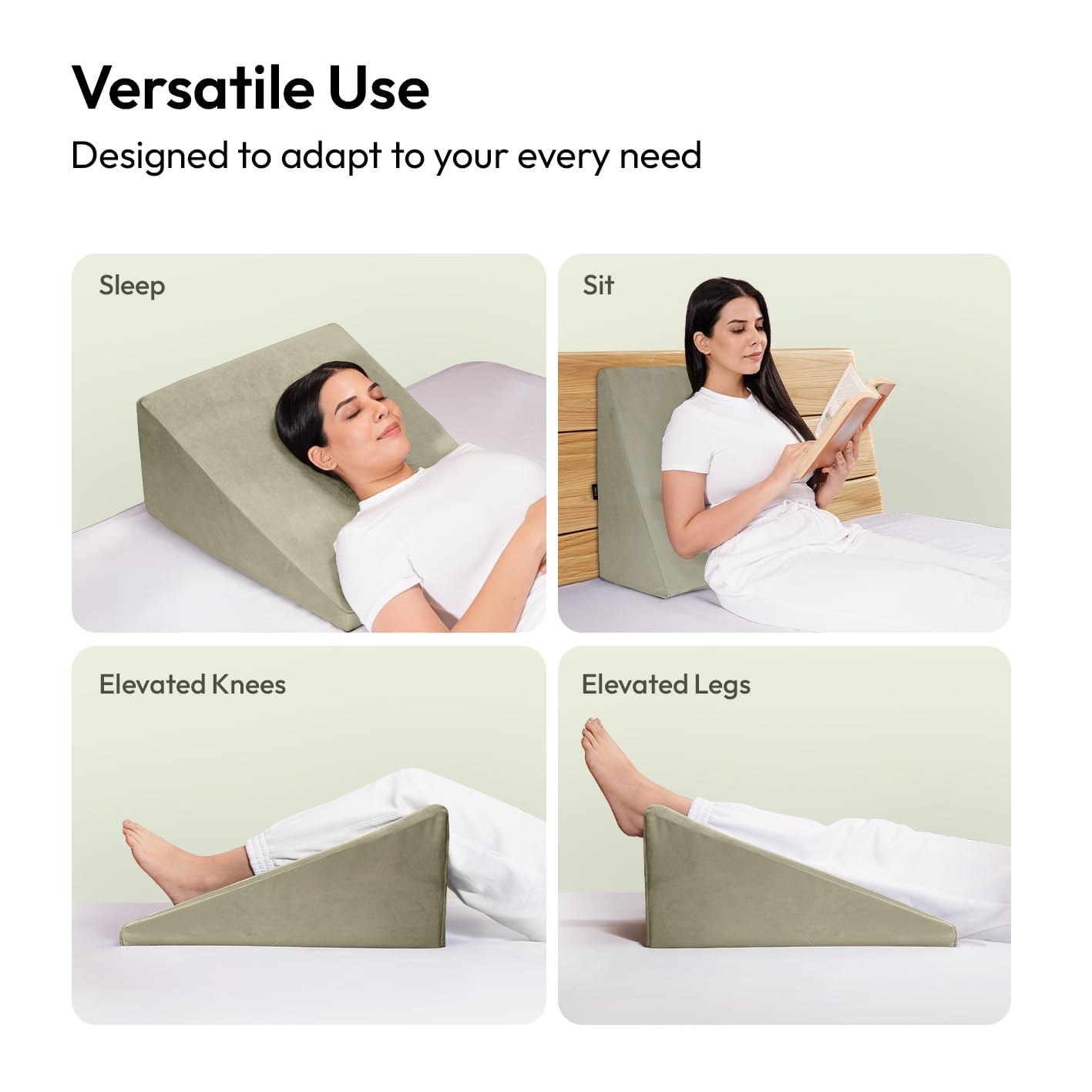 Wedge Plus Cushion For Sleeping, Memory Foam Pillow, Sage Green | Acid Reflux Relief, High Resilience Foam | Orthopedic Wedge Cushion For Leg Elevator, Pregnancy, Breathable - Pack Of 1