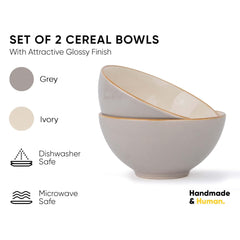 Ceramic Cereal Bowl Set Of 2 Pieces - 15cm, Grey Ivory, 600ml Each | Glossy Finish - Stoneware Ceramic Serving Bowls | Cereal Bowl - Maggi Bowl - Ceramic Bowl | Microwave Safe