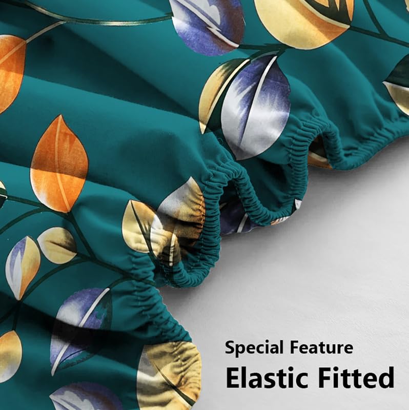 Cotton Elastic Fitted Bedsheets With 2 Pillow Covers Double Bed All Around Elastic Sheet Leaf Print | 72 X 78 +10 Inches, Dark Green-Breathable & Skin-Friendly Bedsheet