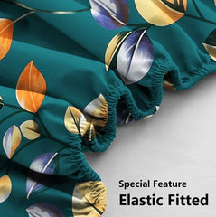 Cotton Elastic Fitted Bedsheets With 2 Pillow Covers Double Bed All Around Elastic Sheet Leaf Print | 72 X 78 +10 Inches, Dark Green-Breathable & Skin-Friendly Bedsheet