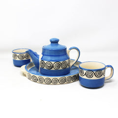 Hand Painted Blue Swirl Tea Set With Kettle | Ceramic Tea Kettle Set With 2 Cups, 150ml Each + 1 Kettle, 400ml + 1 Tray | 4 Pieces - Microwave Safe & Dishwasher Safe