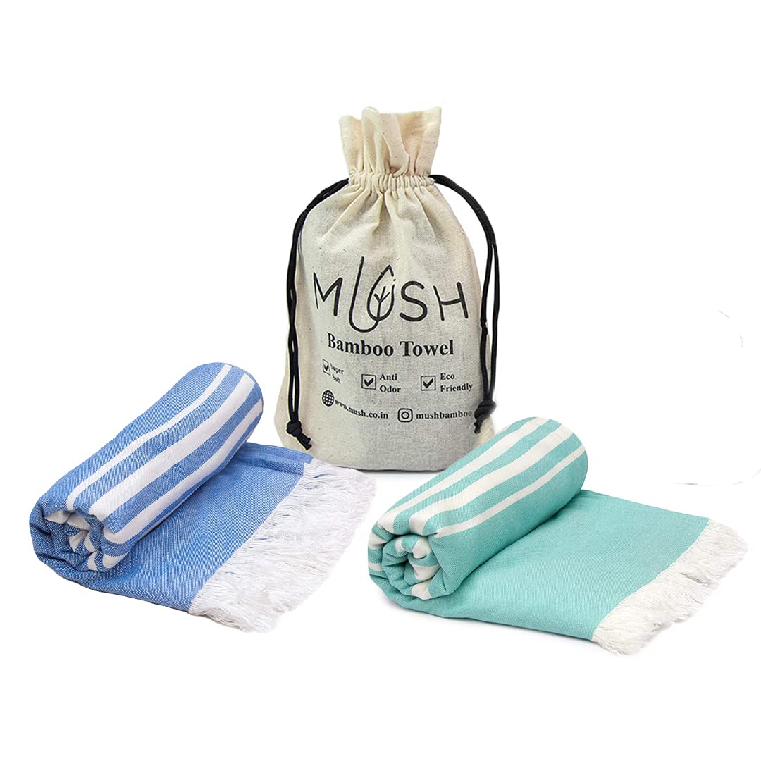 Mush 100% Bamboo Light Weight & Ultra-Compact Turkish Towel | Super Soft, Absorbent, Quick Dry, Anti-Odor Bamboo Towel (2, Aqua Blue & Navy Blue)
