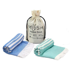 Mush 100% Bamboo Light Weight & Ultra-Compact Turkish Towel | Super Soft, Absorbent, Quick Dry, Anti-Odor Bamboo Towel (2, Aqua Blue & Navy Blue)