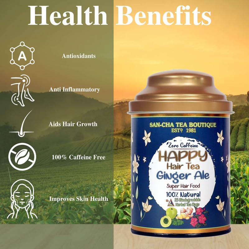 San-Cha Happy Hair Ginger Ale Herbal Tea - 25 Biodegradable Herbal Tea Bags | Super Hair Food, Hibiscus Leaves For Hair Growth - Zero Caffeine