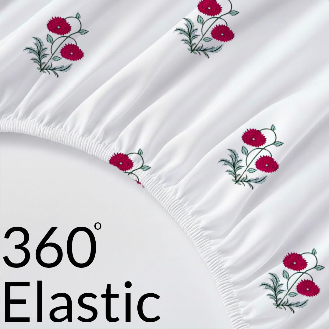 Printed Queen Size Elastic Fitted Bedsheet With 2 Pillow Covers - 78 X 72 Inches, White & Red | Perfect For Home Decor & Gifting