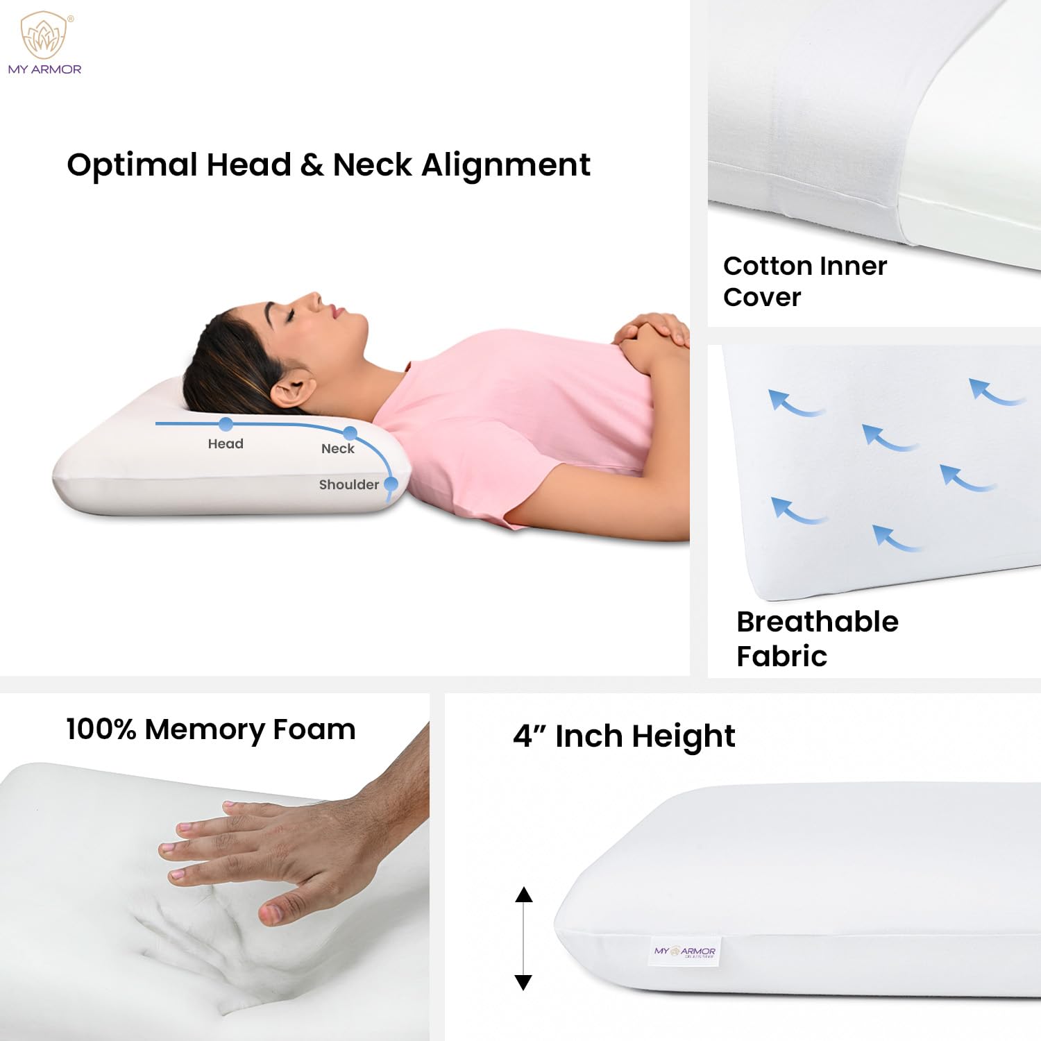 Memory Foam Pillow For Sleeping, Orthopedic Bed Pillow, Standard Size - 4 Inch | Thick Pillow, Without Cover, For Neck & Shoulder Pain Relief | Cooling Adjustable, Compressible - Pack Of 1