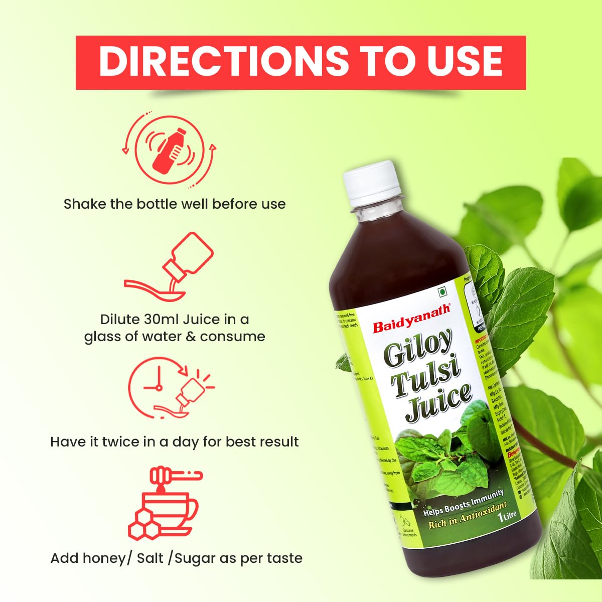 Baidyanath Giloy Tulsi Herbal Juice Helps Boost Immunity & Promotes Good Health, Supports Respiratory Wellness | 1000ml 2.2lbs