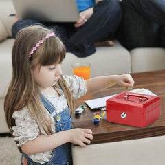 Metal Cash Box With Key, Money Box Organizer, Coin Tray, Portable Cash Drawer, Secure Cash Storage Box, Float Box With Removable Tray, Colour - Red