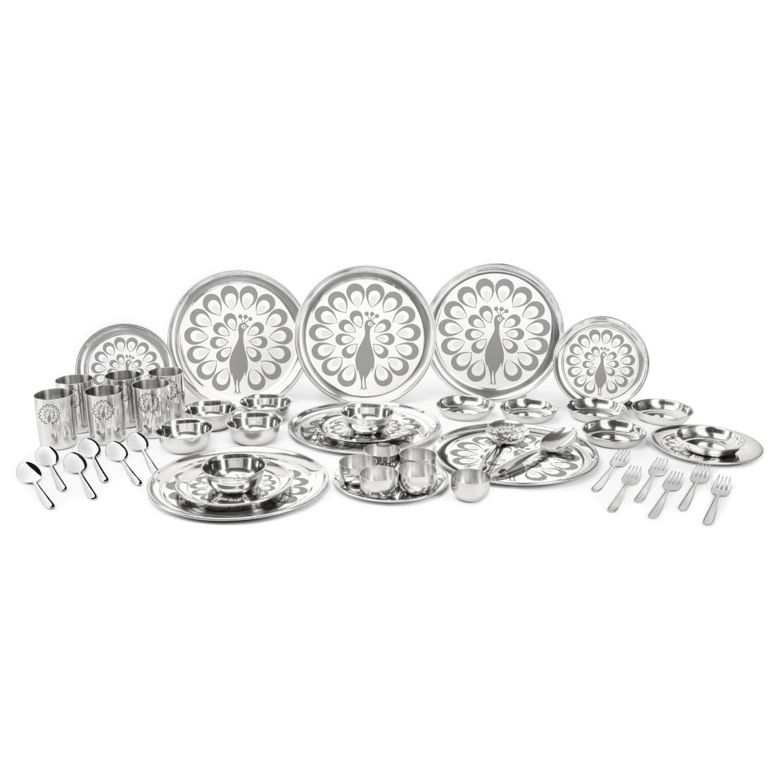 Stainless Steel Shagun Dinner Set Of 50 Pcs, Peacock Set | Eay To Wash & Dishwasher Safe