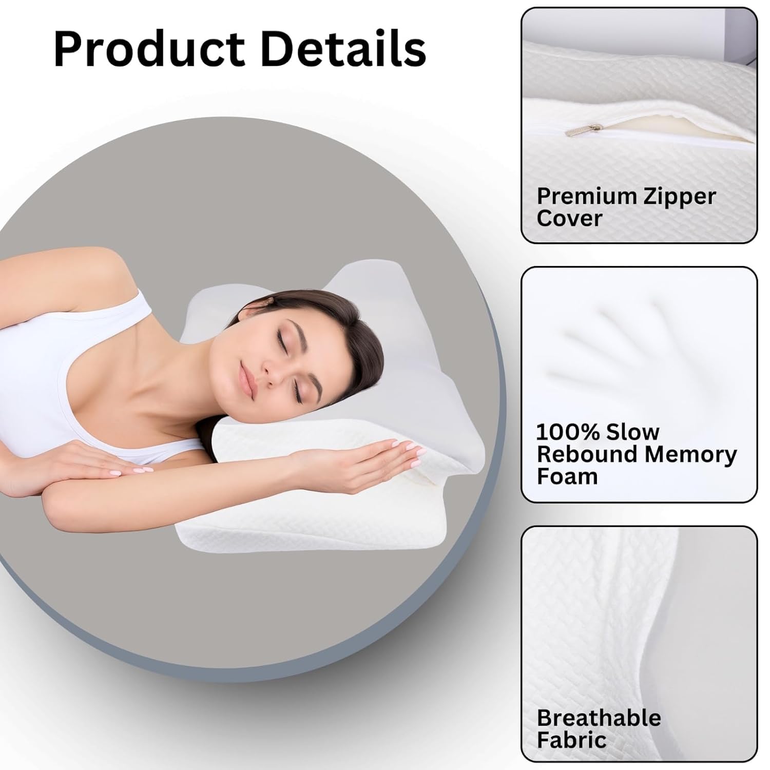 Cervical Butterfly Pillow, Orthopedic Memory Foam For Neck & Shoulder Pain, White & Light Grey | Ergonomic Contour Design | Dual Height Support | Side Sleeper Pillow With Arm Rest