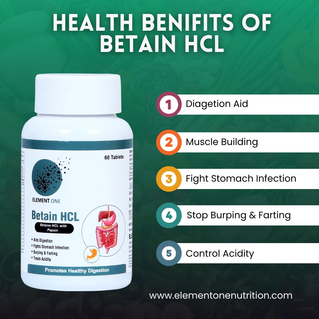 Element One Betaine Hcl With Pepsin Stomach Acid Balance & Digestive Enzymes Health Support Acidity, Indigestion, Gut Health Support, Nutrient Absorption | 60 Tablet 100gm 0.2lbs