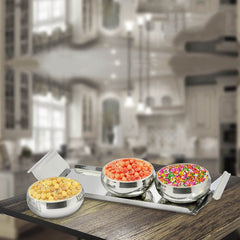 Stainless Steel Lunia Bowl Set With Tray - Silver | 3 Snack Bowl, 100ml Each + 1 Stainless Steel Tray