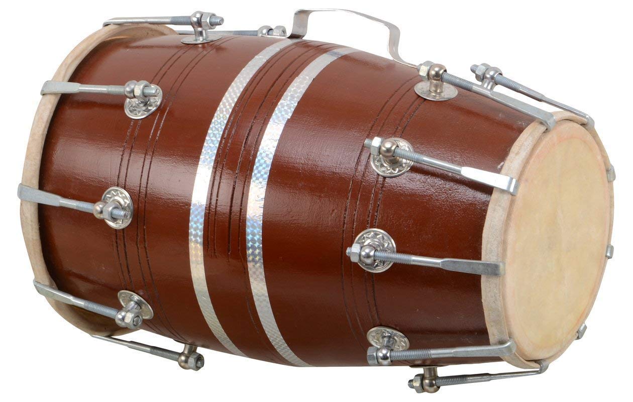 18 Inch Wooden Dholak Indian Folk With Cover, Brown - Indian Folk Musical Instrument Drum Nuts N Bolt