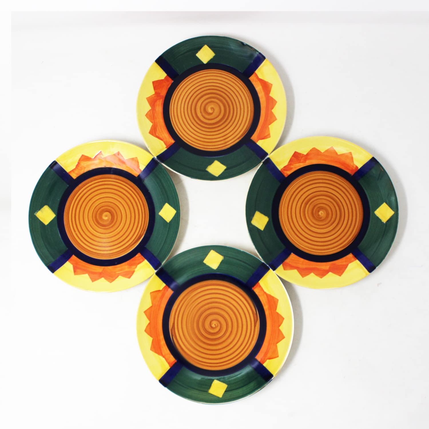 Hand Painted Boho Fiesta Ceramic Quarter Plates Set Of 4 | Small Side Plates For Dinner & Snacks - 7 Inch, 4 Pieces, Microwave Safe