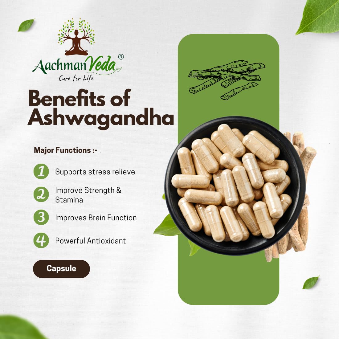 Achman Veda Ashwagandha Tablets 500mg, Boost Energy, Strength & Stamina Helps Anxiety & Stress Relief For Men & Women | 60 Capsules 100gm 0.2lbs Each Pack Of 2