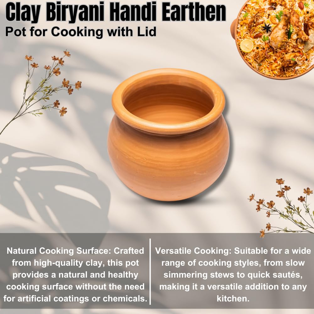 Exclusive Range Unglazed Clay Pot For Cooking & Serving With Lid, 2 Liters | Biryani Handi - Earthen Kadai - Mud Handi - Mitti Ke Bartan With Mirror Shine