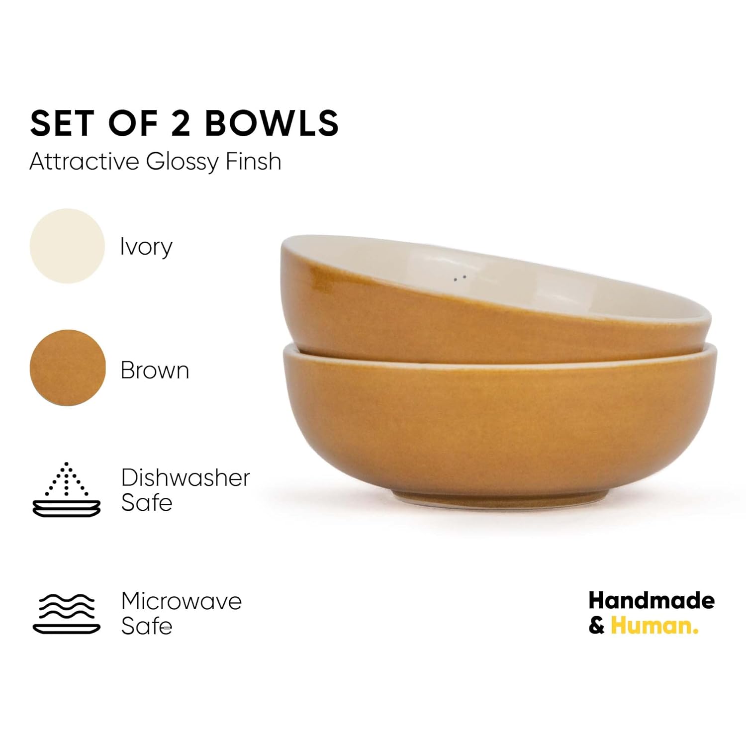 Ceramic Pasta Bowl Set Of 2 Pieces - 18cm, Brown Ivory, 800ml Each | Stoneware Ceramic Serving Bowls | Pasta Plate - Deep Plate | Ceramic Bowl With Glossy Finish - Pasta Serving Plate