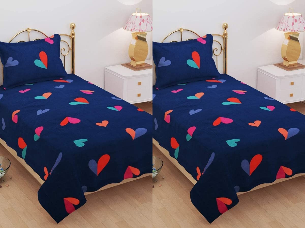 Combo 2 Single Bed With 2 Pillow Covers - 60 X 90 Inches, Dark Blue | Premium Cotton Material - Skin Friendly & Long Lasting | Super Soft 300 Thread Count
